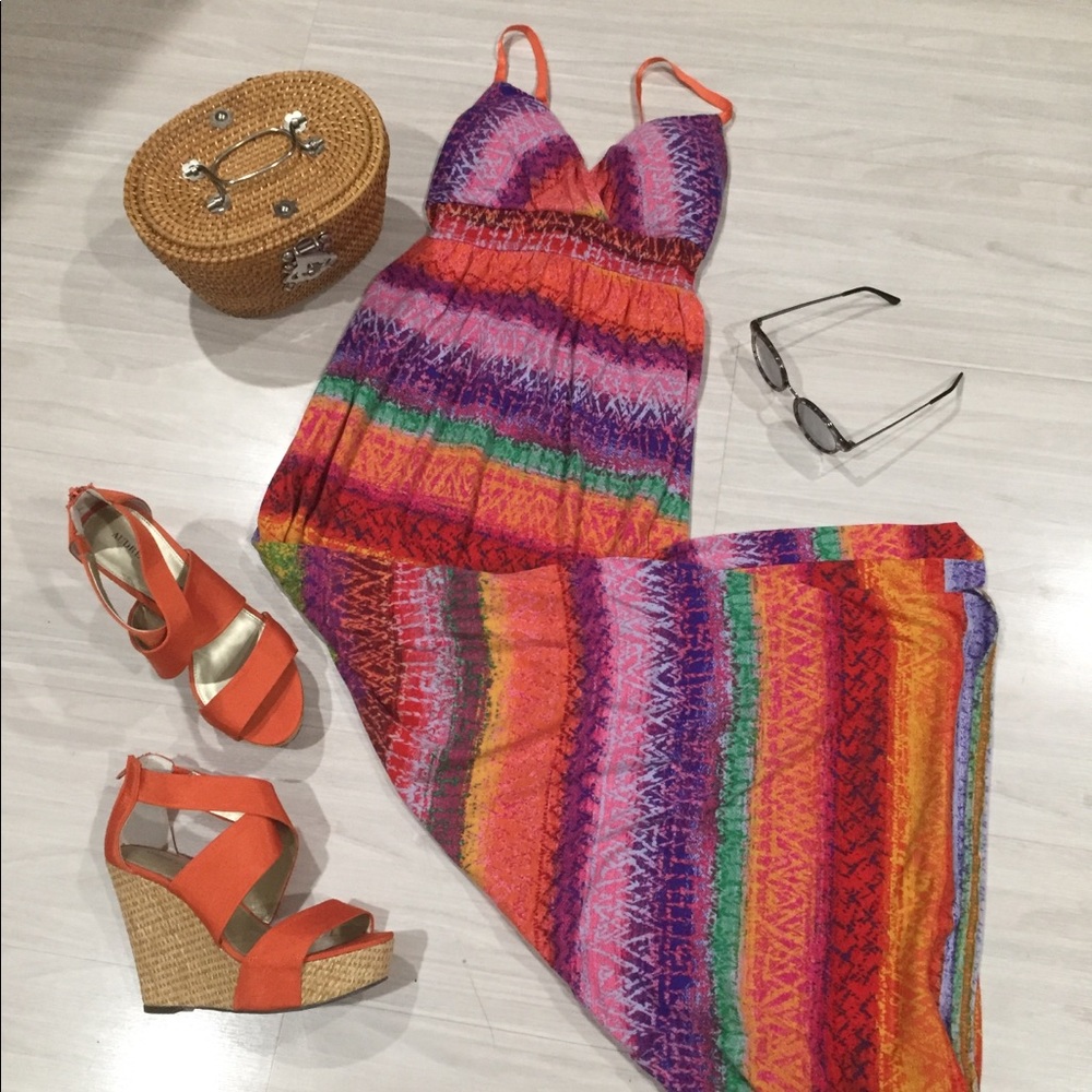 Orange and multi striped maxi sundress dress